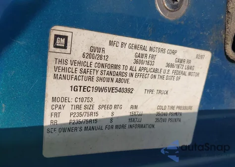 1997 GMC Sierra Sl Wideside из США, поврежденный, VIN 1GTEC19W6VE540392